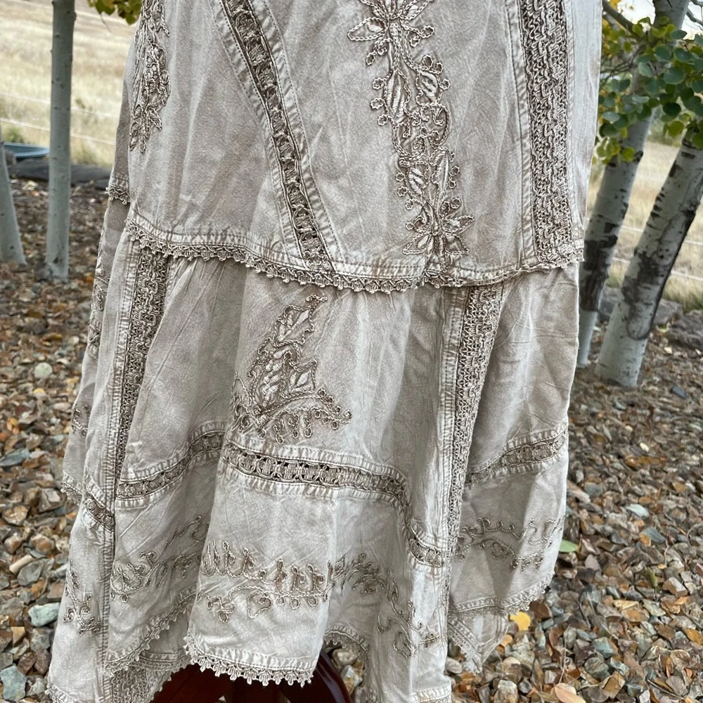 Vintage Coline Y2K fairycore Gypsy beige viscose embroidered drop waist dress - Picture 5 of 14
